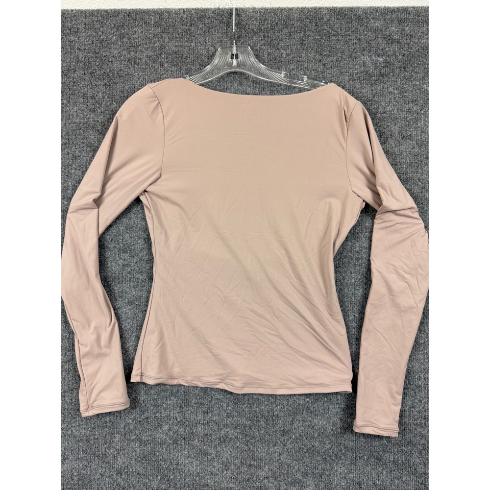 Qinsen Women Long Sleeve Open Back NWT Boat Neck Top Taupe Nude Size Small New